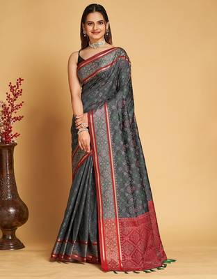 Grey woven self design embellished pure silk patola saree with blouse 1