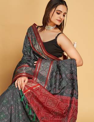 Grey woven self design embellished pure silk patola saree with blouse 2