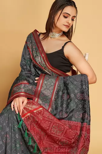 Grey woven self design embellished pure silk patola saree with blouse