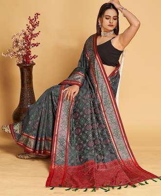 Grey woven self design embellished pure silk patola saree with blouse 3