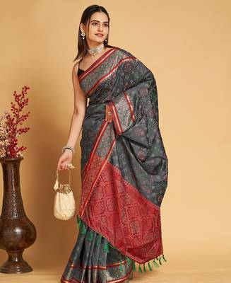 Grey woven self design embellished pure silk patola saree with blouse 4