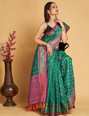 Rama woven self design embellished pure silk patola saree with blouse 3