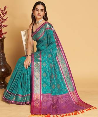 Teal blue woven self design embellished pure silk patola saree with blouse 3