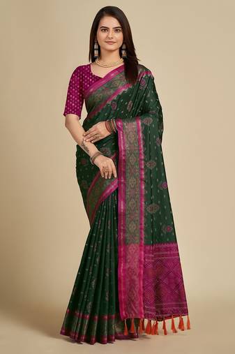 Dark green woven self design embellished pure silk patola saree with blouse