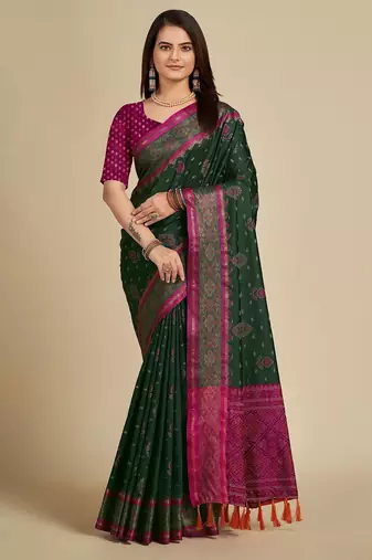 Dark green woven self design embellished pure silk patola saree with blouse