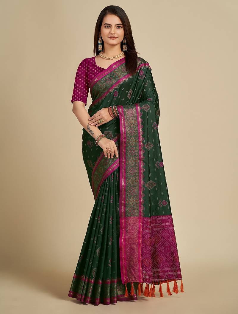 Dark green woven self design embellished pure silk patola saree with blouse