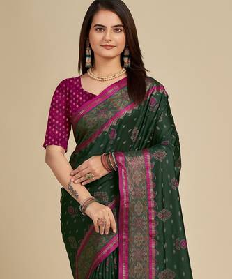 Dark green woven self design embellished pure silk patola saree with blouse 2