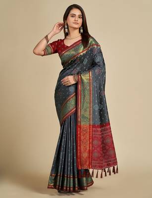 Grey woven self design embellished pure silk patola saree with blouse 1