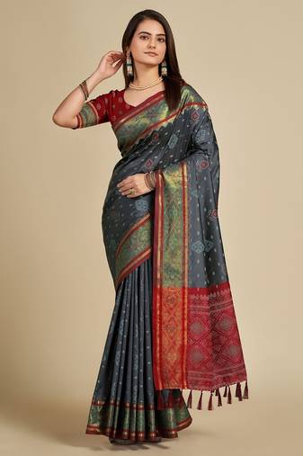 Grey woven self design embellished pure silk patola saree with blouse