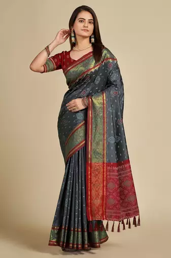Grey woven self design embellished pure silk patola saree with blouse