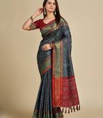 Grey woven self design embellished pure silk patola saree with blouse