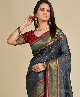Grey woven self design embellished pure silk patola saree with blouse 2
