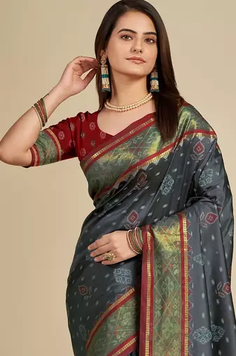 Grey woven self design embellished pure silk patola saree with blouse
