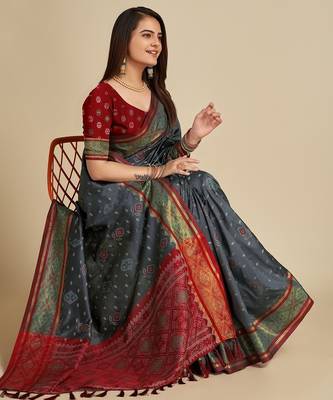 Grey woven self design embellished pure silk patola saree with blouse 3
