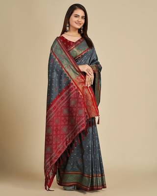 Grey woven self design embellished pure silk patola saree with blouse 4