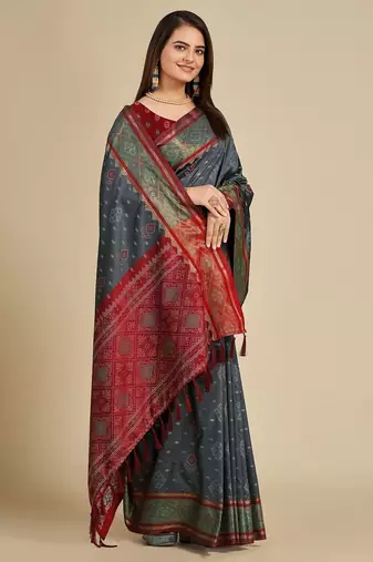 Grey woven self design embellished pure silk patola saree with blouse