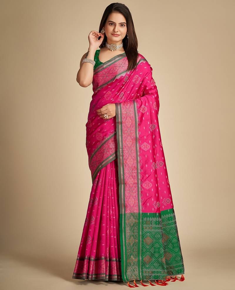 Pink woven self design embellished pure silk patola saree with blouse