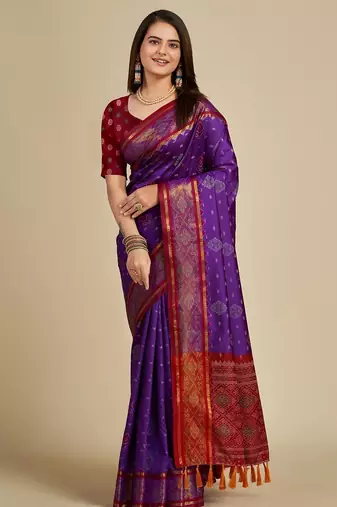 Purple woven self design embellished pure silk patola saree with blouse