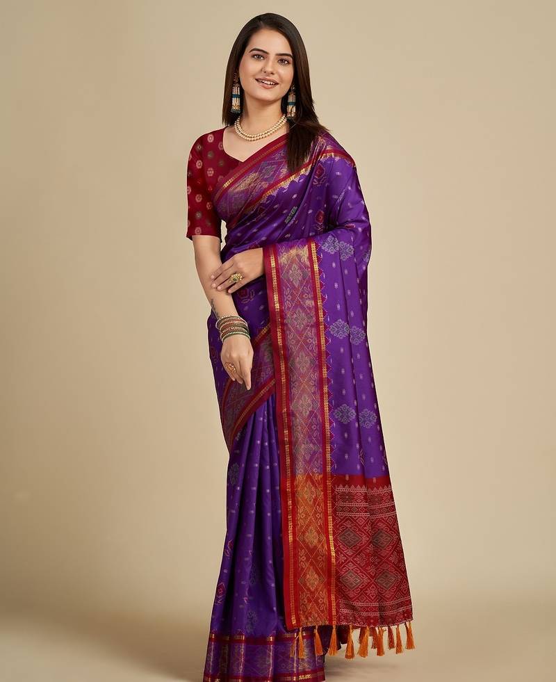 Purple woven self design embellished pure silk patola saree with blouse
