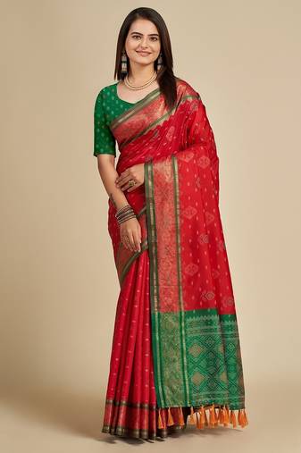 Red woven self design embellished pure silk patola saree with blouse