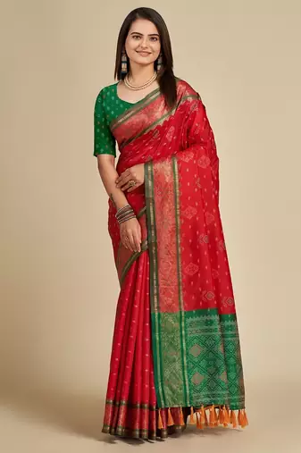 Red woven self design embellished pure silk patola saree with blouse