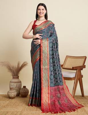 Grey woven self design embellished pure silk patola saree with blouse 1