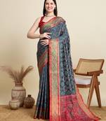 Grey woven self design embellished pure silk patola saree with blouse