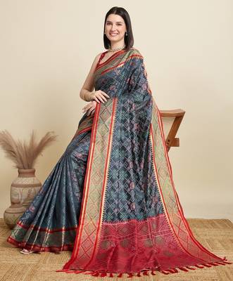Grey woven self design embellished pure silk patola saree with blouse 2