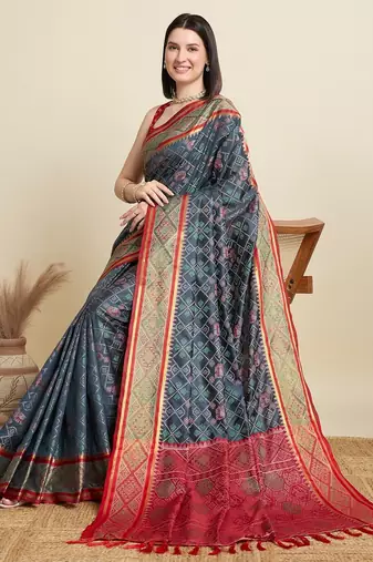 Grey woven self design embellished pure silk patola saree with blouse