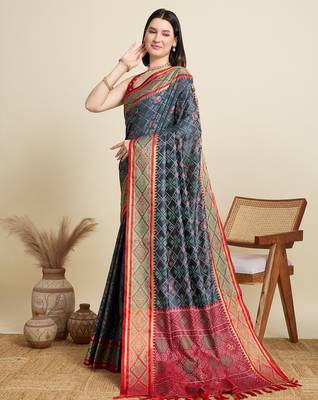 Grey woven self design embellished pure silk patola saree with blouse 3