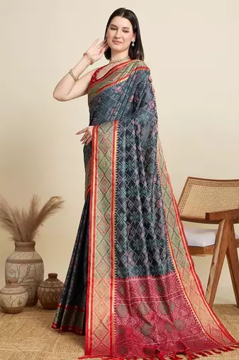 Grey woven self design embellished pure silk patola saree with blouse