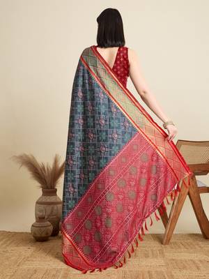 Grey woven self design embellished pure silk patola saree with blouse 4
