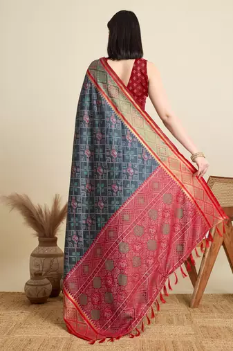 Grey woven self design embellished pure silk patola saree with blouse