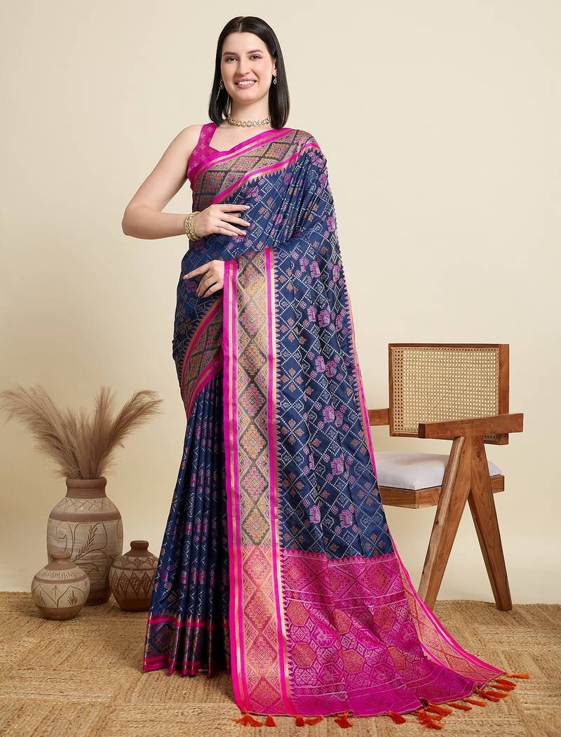 Navy blue woven self design embellished pure silk patola saree with blouse