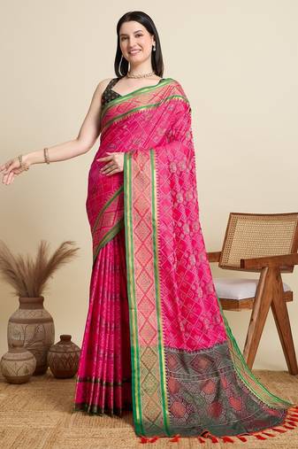 Pink woven self design embellished pure silk patola saree with blouse
