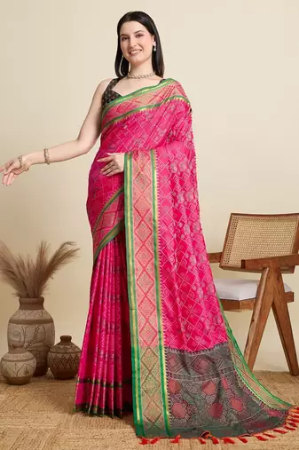Pink woven self design embellished pure silk patola saree with blouse