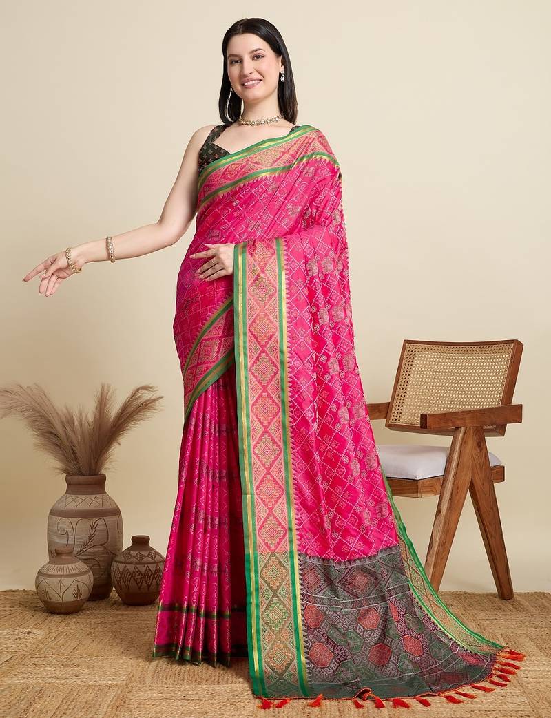 Pink woven self design embellished pure silk patola saree with blouse