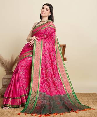 Pink woven self design embellished pure silk patola saree with blouse 2