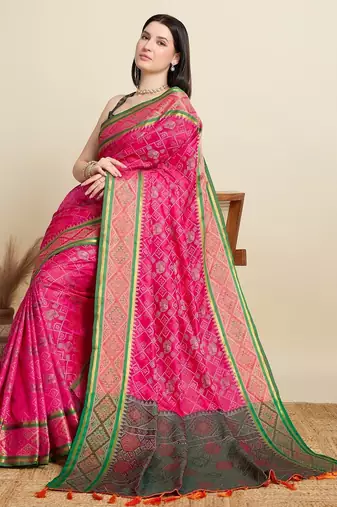 Pink woven self design embellished pure silk patola saree with blouse