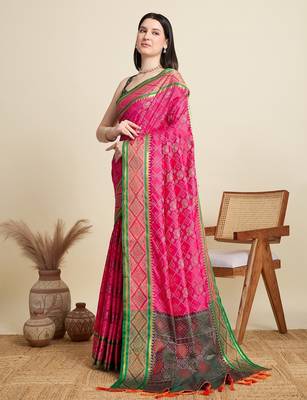 Pink woven self design embellished pure silk patola saree with blouse 3