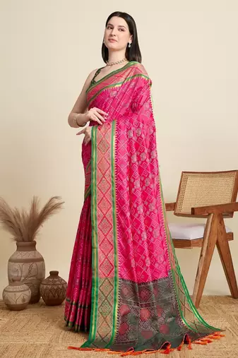 Pink woven self design embellished pure silk patola saree with blouse