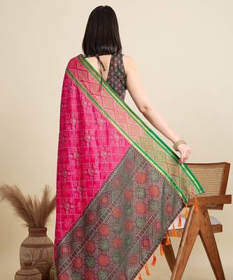 Pink woven self design embellished pure silk patola saree with blouse 4