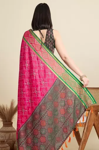 Pink woven self design embellished pure silk patola saree with blouse