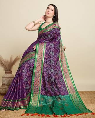 Purple woven self design embellished pure silk patola saree with blouse 2