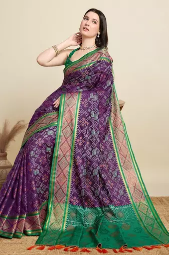 Purple woven self design embellished pure silk patola saree with blouse