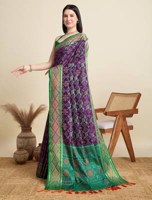 Purple woven self design embellished pure silk patola saree with blouse 3