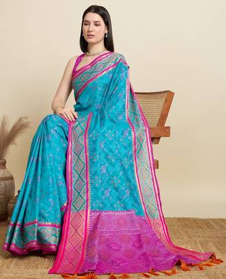 Teal blue woven self design embellished pure silk patola saree with blouse 2
