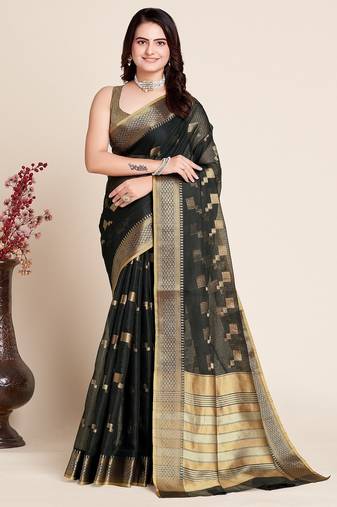 Black woven self design kota doria kota doria saree with blouse