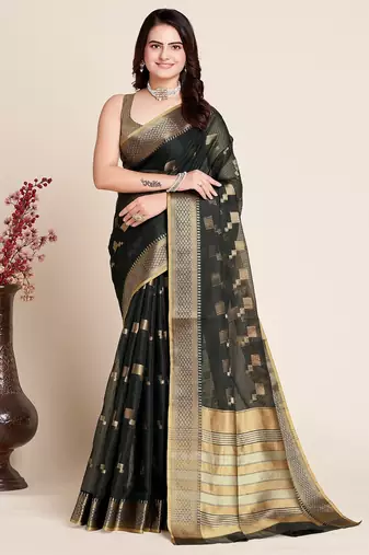 Black woven self design kota doria kota doria saree with blouse