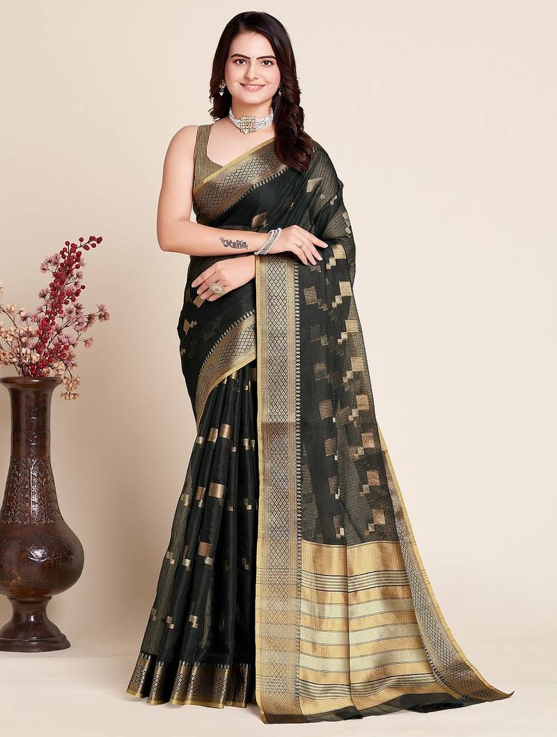 Black woven self design kota doria kota doria saree with blouse